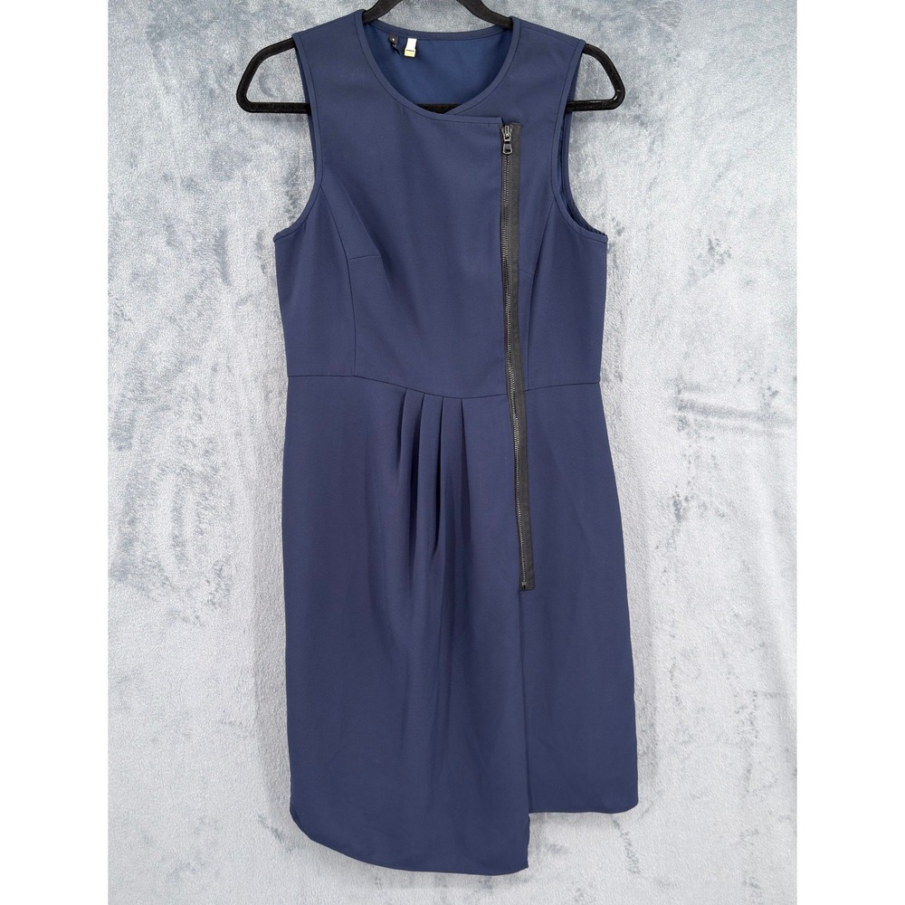 4C Dress Women Size 8 Anthropologie Navy Blue Asymmetric Zip Sheath Pleated